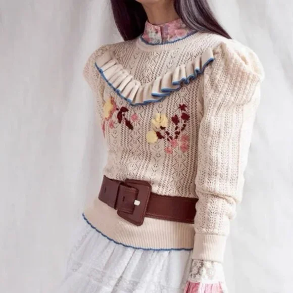 NWT LoveShackFancy Rennley Knit Sweater in Beige M $326 - Picture 1 of 8